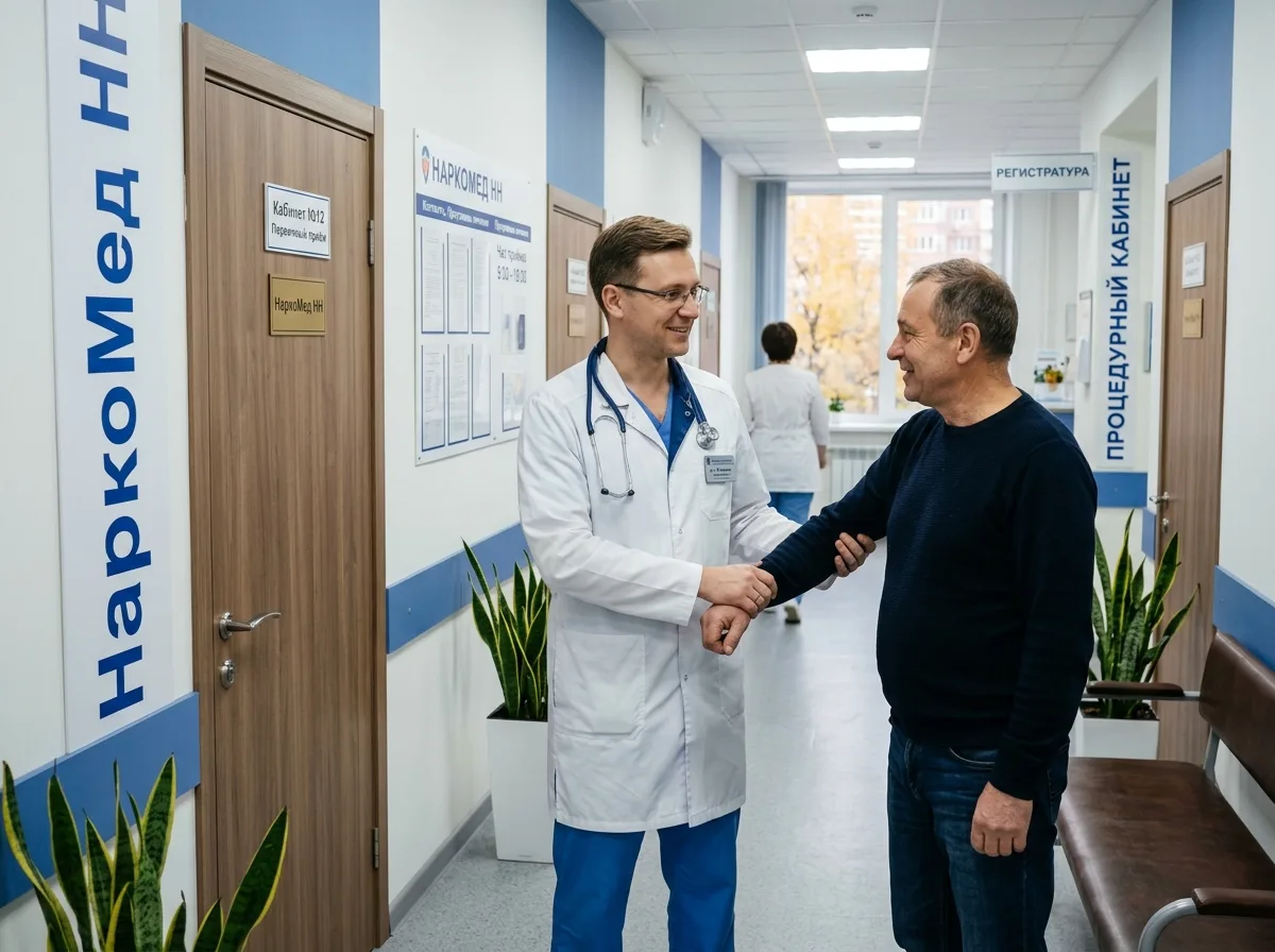Наркологическая клиника НаркоМед НН в Нижнем Новгороде — светлый медицинский коридор, врач-нарколог в белом халате, профессиональная атмосфера доверия и заботы
