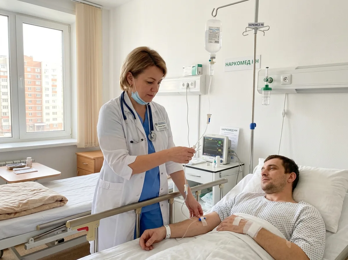Врач-нарколог клиники НаркоМед НН ставит капельницу пациенту в стационарной палате — белые стены, медицинское оборудование, спокойная обстановка, Нижний Новгород