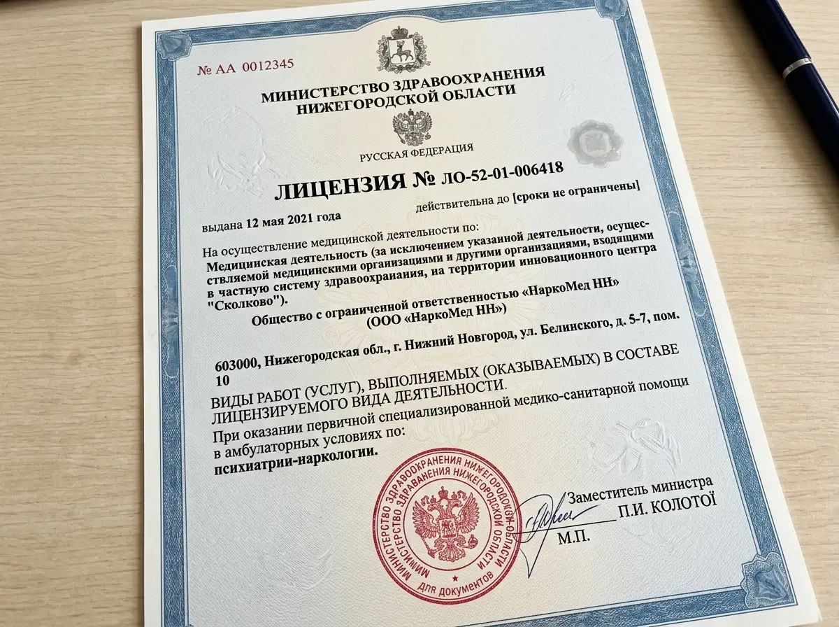 Медицинская лицензия ООО НаркоМед НН № ЛО-52-01-006418 на осуществление наркологической деятельности — официальный документ на белом фоне с печатью Министерства здравоохранения Нижегородской области