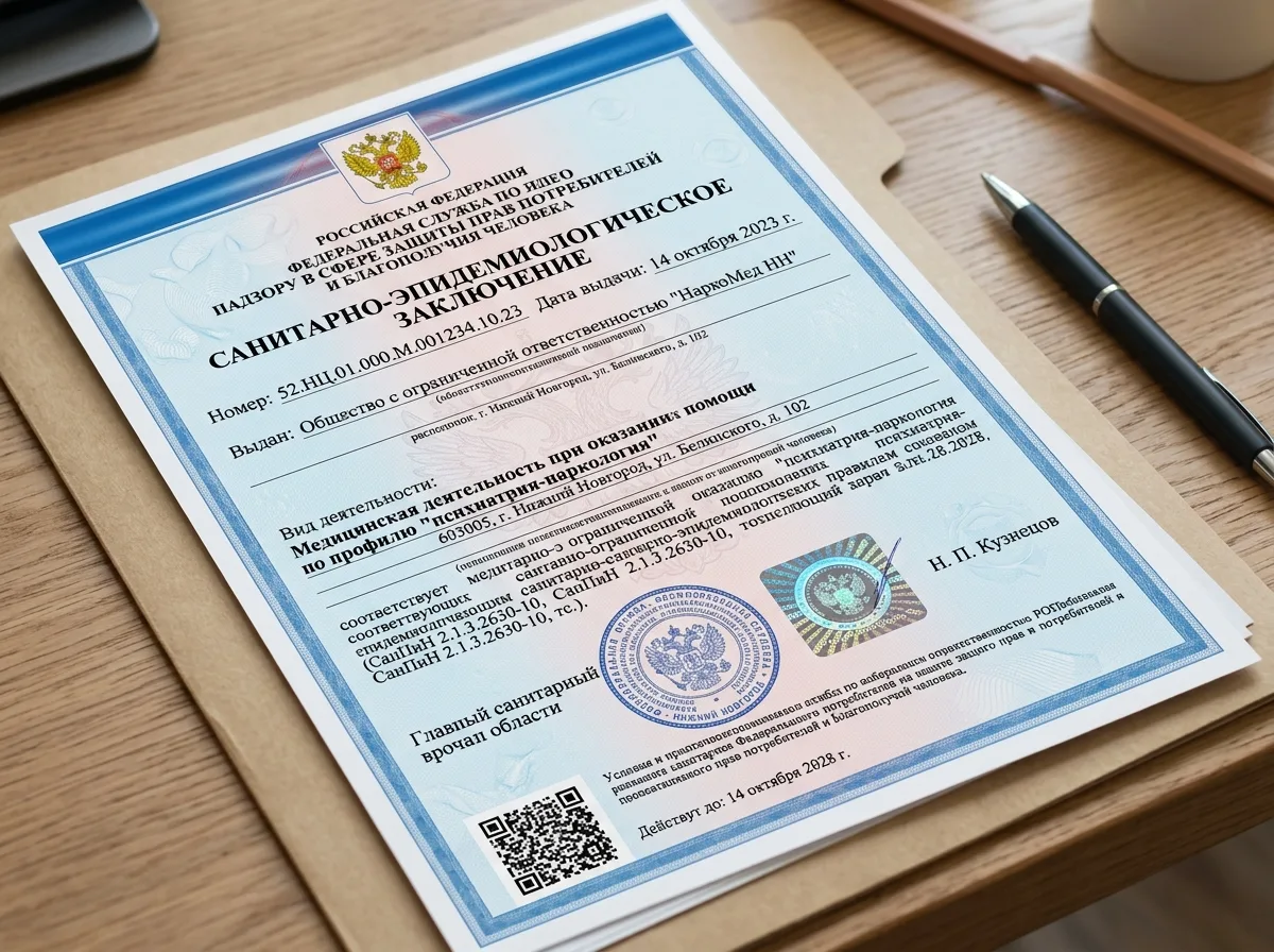Санитарно-эпидемиологическое заключение Роспотребнадзора для наркологической клиники НаркоМед НН — официальный бланк с голограммой, Нижний Новгород