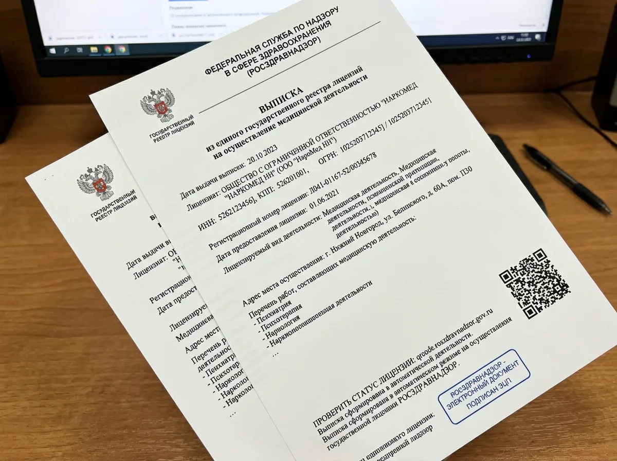 Выписка из Федерального реестра лицензий на медицинскую деятельность для ООО НаркоМед НН — распечатка с сайта Росздравнадзора с QR-кодом верификации