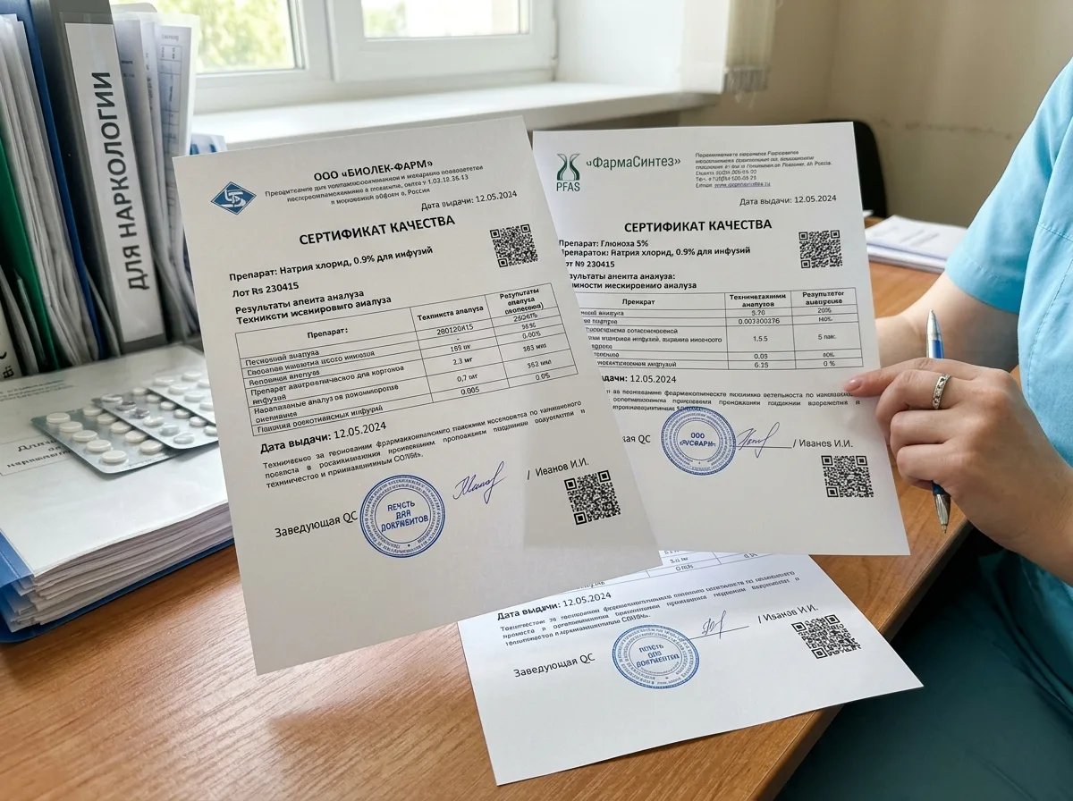 Сертификаты качества лекарственных препаратов для наркологической капельницы — официальные документы от фармацевтических производителей с печатями